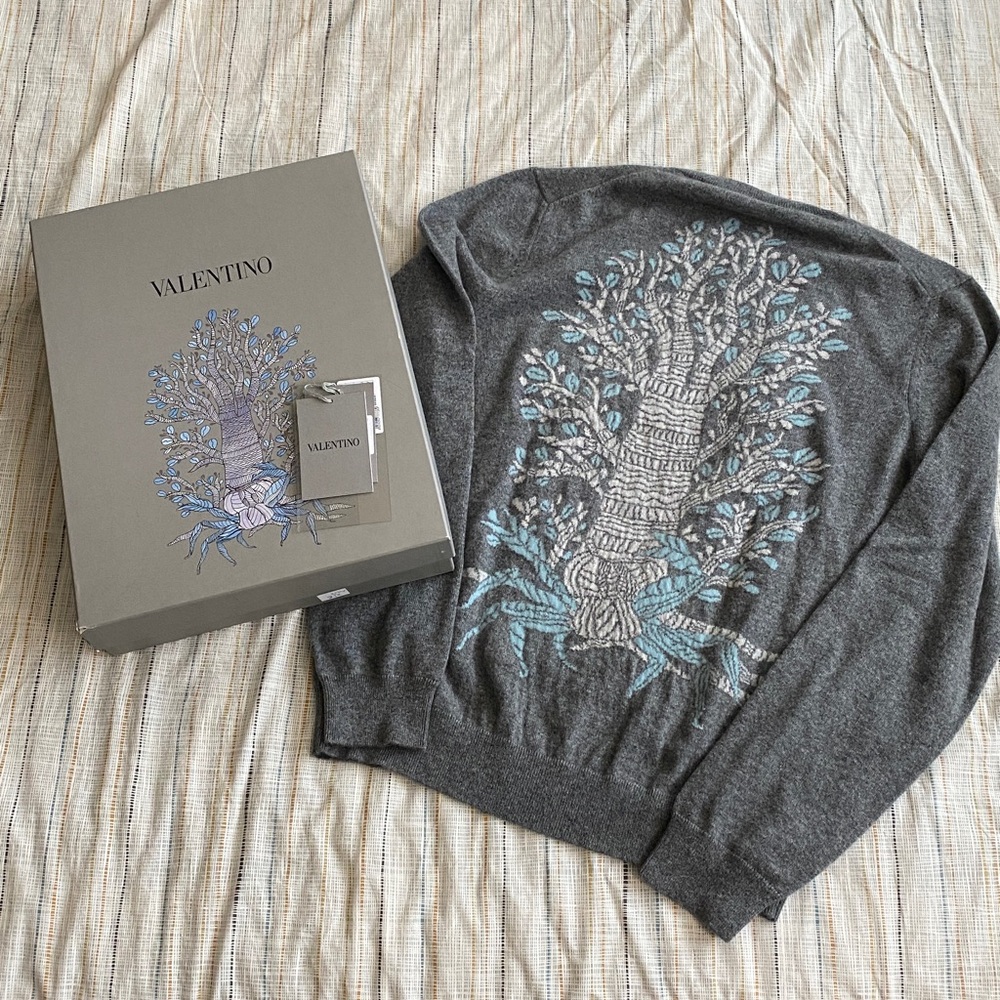 Valentino Cashmere Tree Sweater Aqua Blue Heather Gray Tree Size L NWT